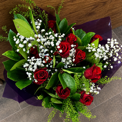 12 Red Roses - 12 Red roses with foliage and gyp