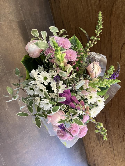 Cottage Blush Bouquet - A beautifully hand-tied bouquet in soft pink, white and lilac tones, expertly arranged with seasonal flowers and fresh foliage.
